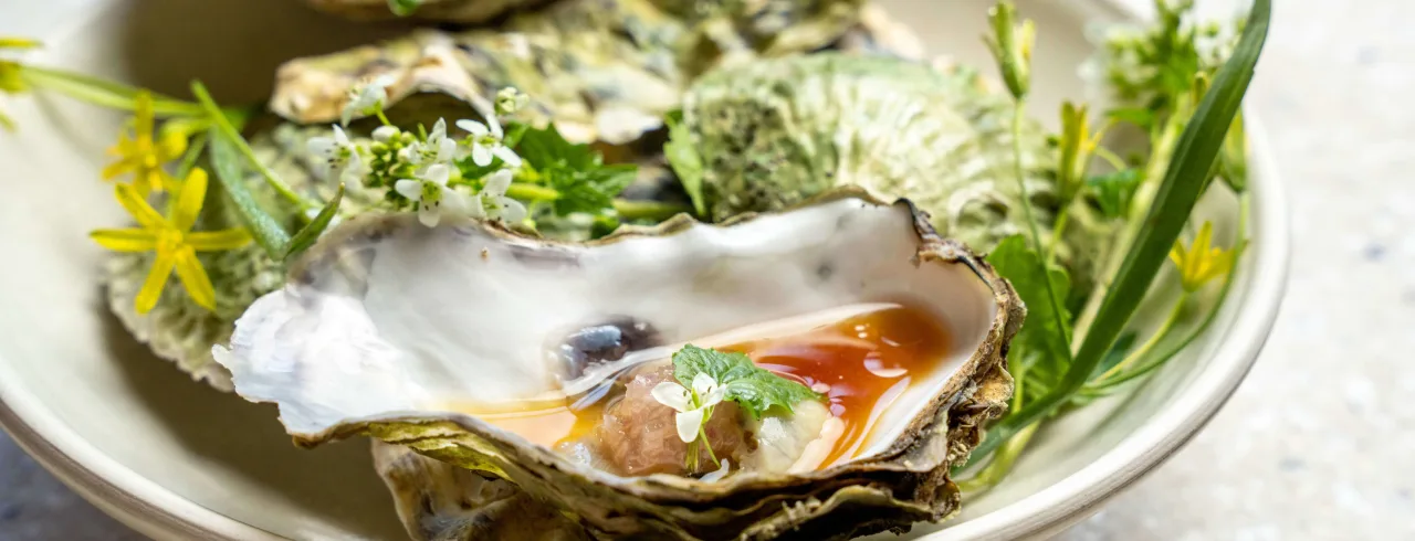Oysters on a beautiful plate.