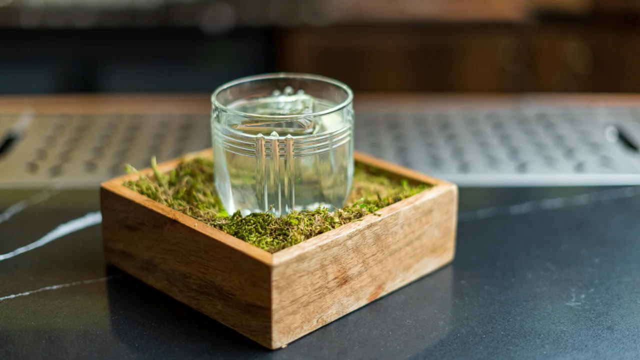 Drink presented in a bowl of moss at bar Pier 42 in Oslo.