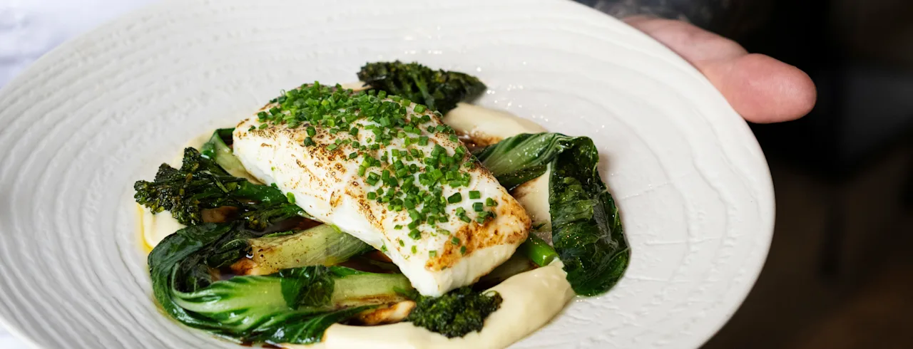 A chef's hands present a beautifully plated dish of white fish with green vegetables and a creamy sauce, ready to be served. ✨
