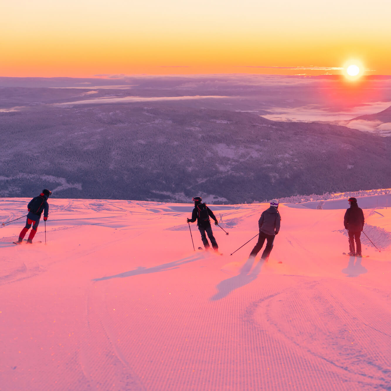 People skiing in the slopes at sunset in Norefjell.