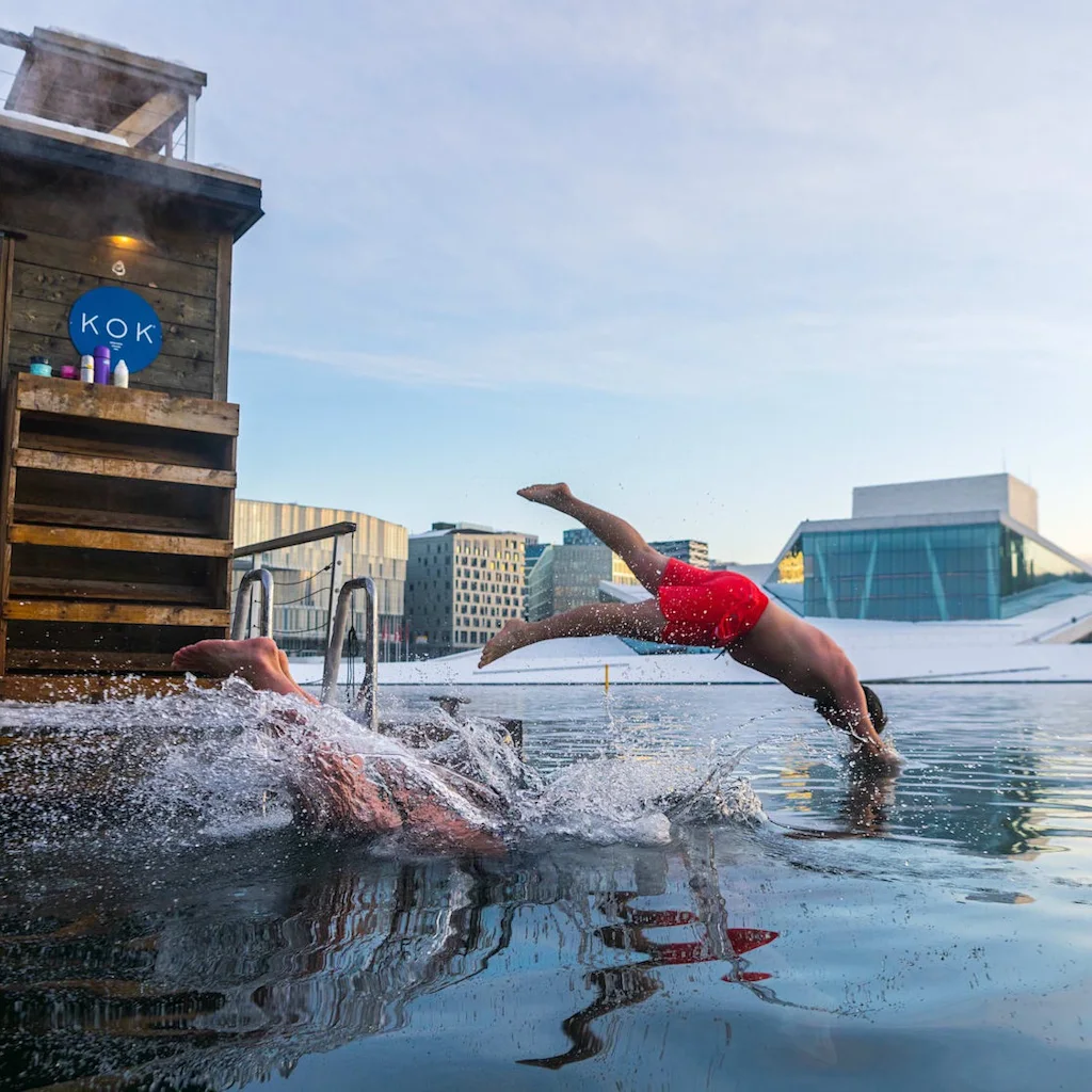 Two people diving into the Oslofjord straight from the sauna.