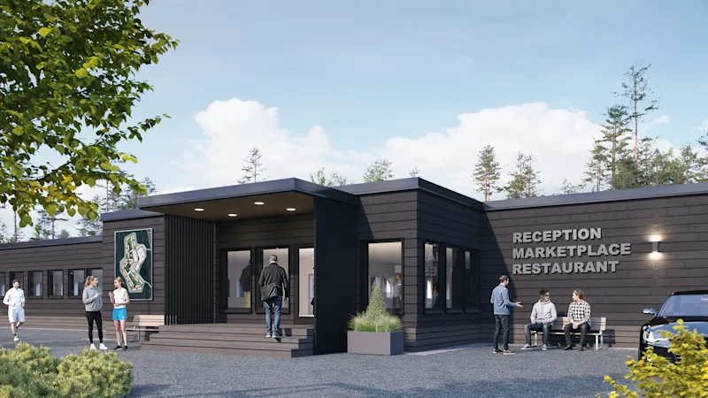 A digital rendering of Aurora Village reception seen from the outside. Different people standing and sitting in front of the building.