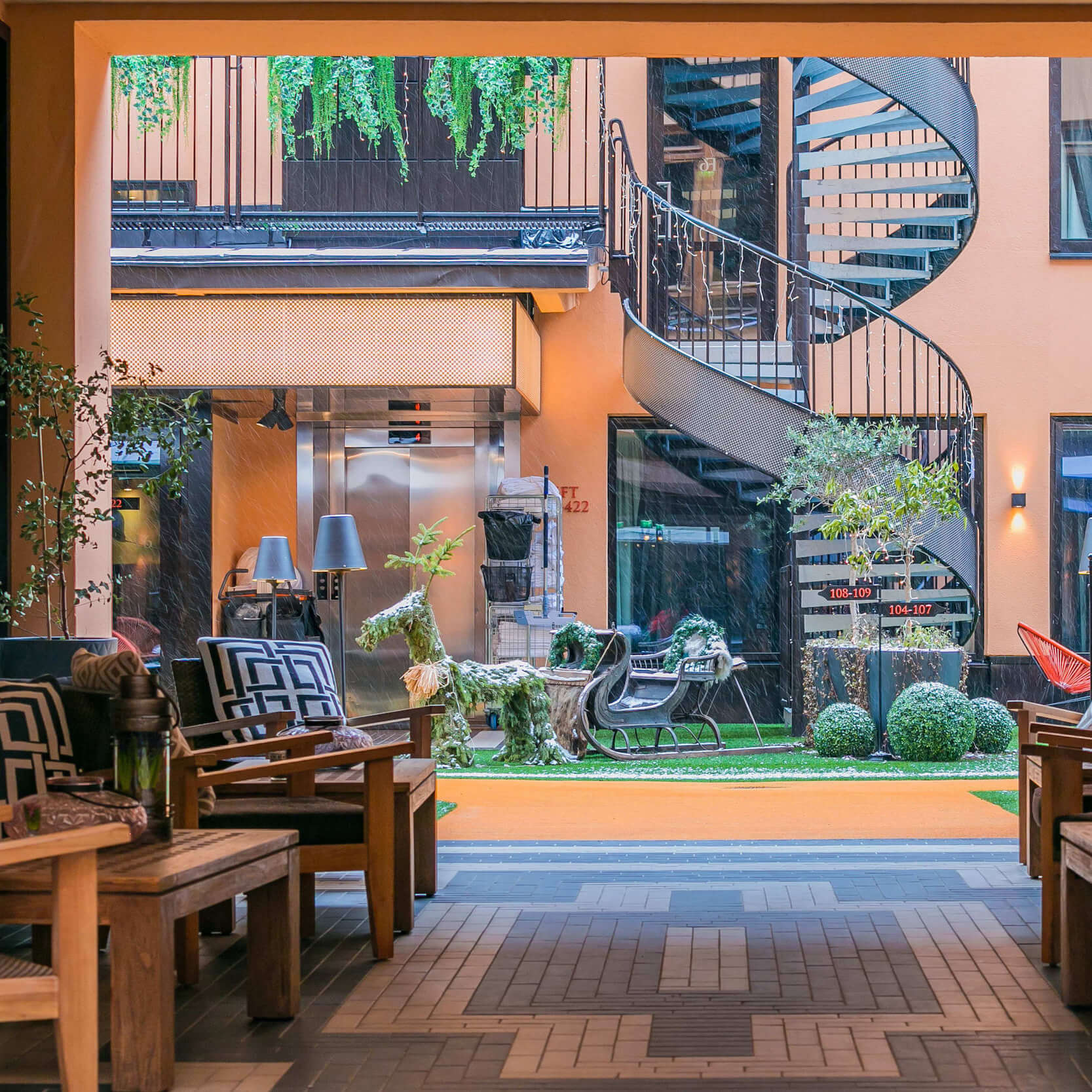 A colorful courtyard at Hotel F6 in Helsinki.