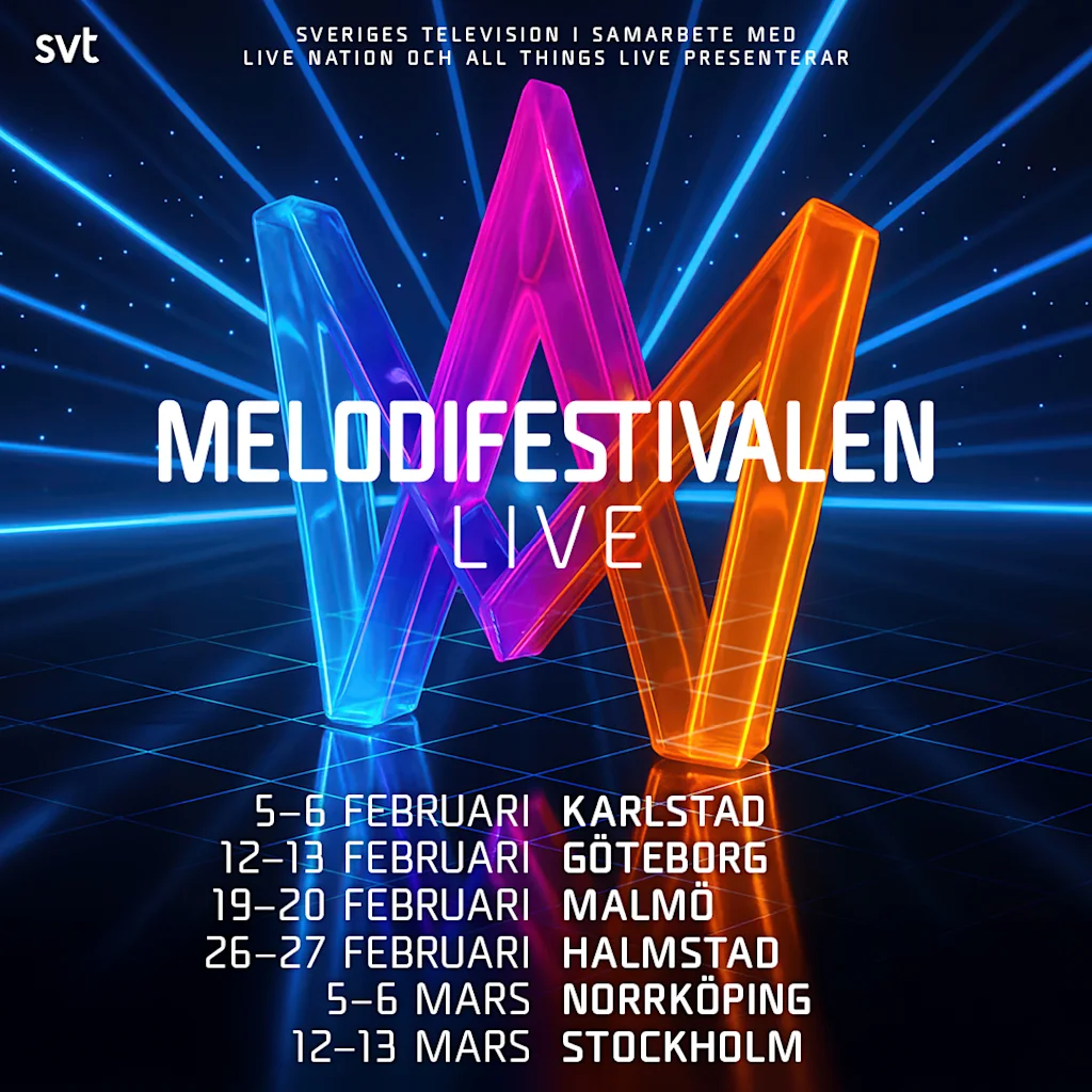 Melodifestivalen Live turneaffisch med datum for Karlstad, Goteborg, Malmo, Halmstad, Norrkoping och Stockholm.