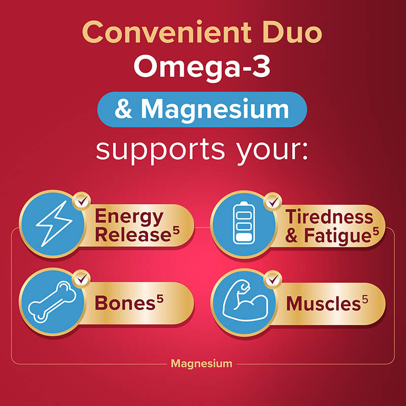 Convenient duo Omega-3 & magnesium supports your energy release, bones, tiredness & fatigue, muscles