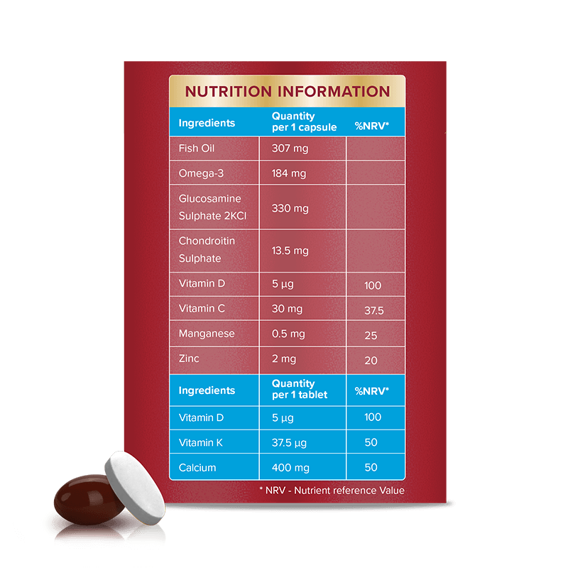 Seven Seas JointCare + CALCIUM 30 back packshot and capsule + tablet