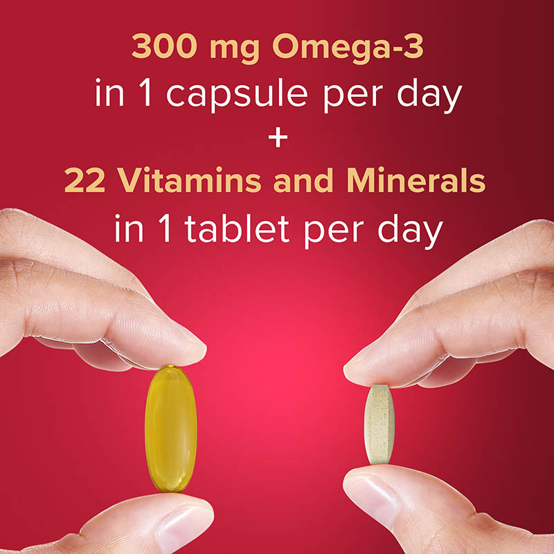 300 mg Omega-3 in 1 capsule per day + 22 vitamins and minerals in 1 tablet per day