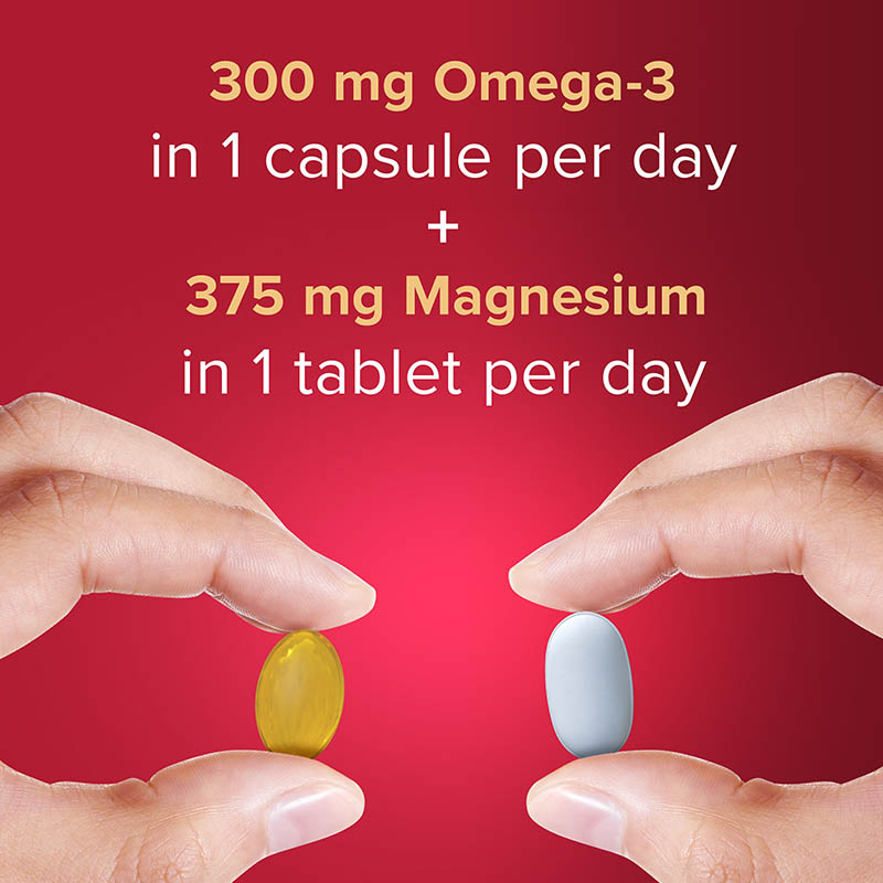 300 mg Omega-3 in 1 capsule per day + 375 mg magnesium in 1 tablet per day