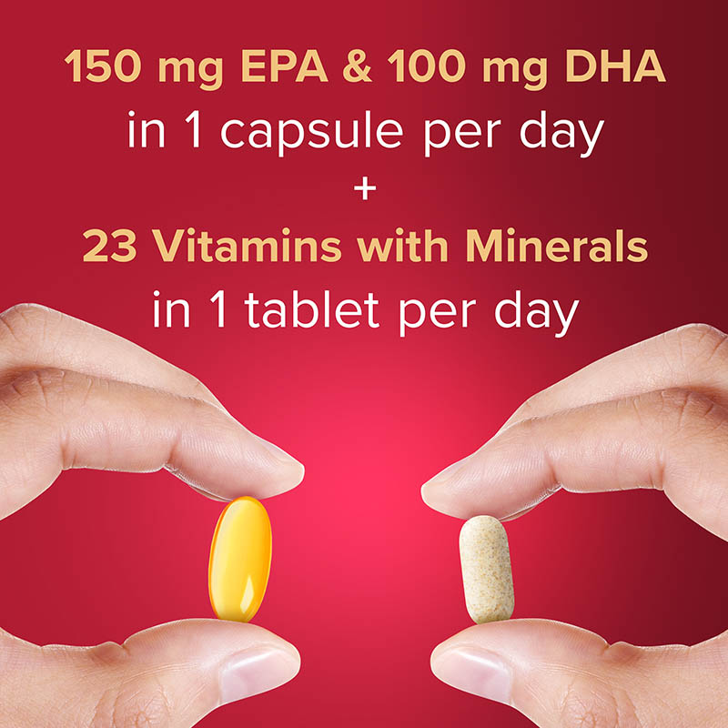 150 mg EPA & 100 mg DHA in 1 capsule per day + 23 vitamins with minerals in 1 tablet per day