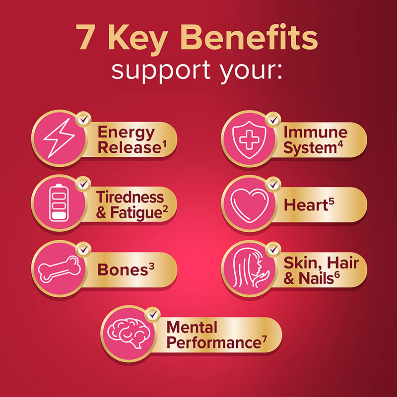 7 key benefits support your: energy release, tiredness & fatigue, bones, immune system, heart, skin, hair & nails, mental performance