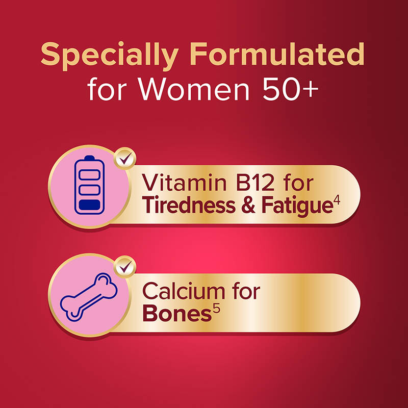 Specially formulated for women 50+: Vitamin B12 for tiredness & fatigue, Calcium for bones