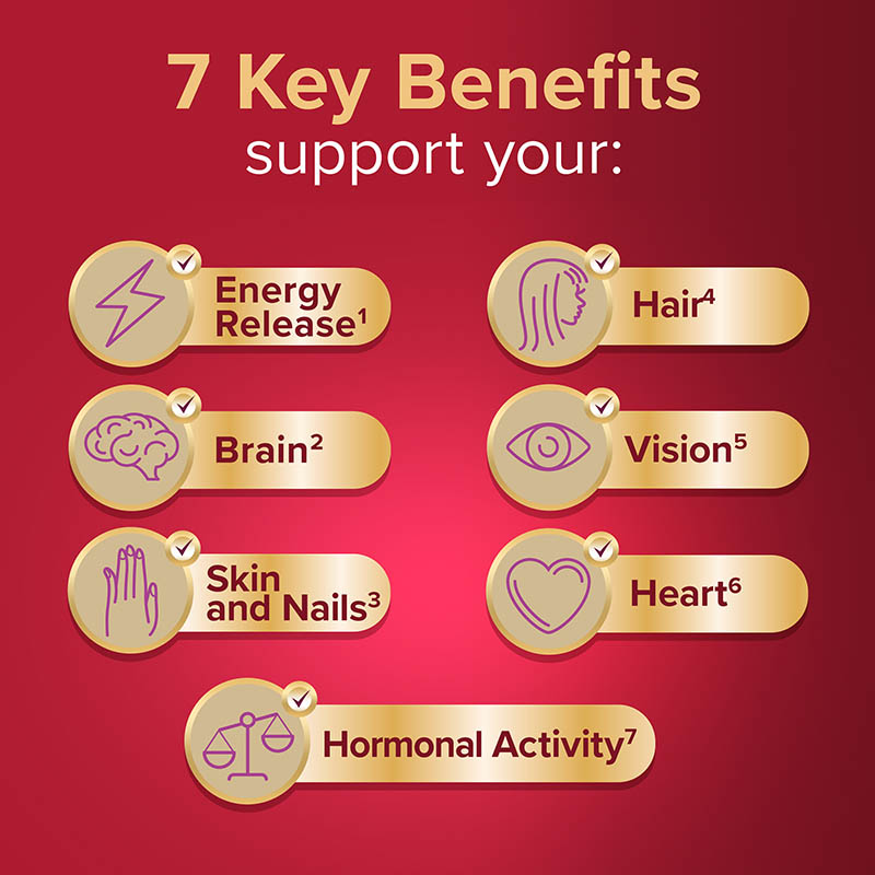 7 key benefits support your: energy release, brain, skin and nails, hair, vision, heart, hormonal activity