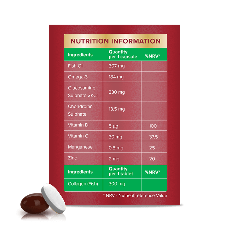 Seven Seas Jointcare + Collagen 30 back packshot and capsule + tablet