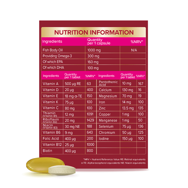 Seven Seas Omega-3 & Multivitamins Woman 30 back packshot and capsule + tablet