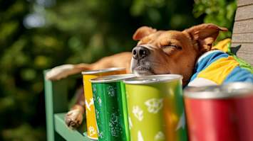 A tan mixed-breed dog dozes peacefully on a mint green lounge chair, resting its chin near a row of ice-cold, condensation-covered cans in vibrant yellow, green, and red. This clever canine has found the perfect spot to beat the heat, but the image serves as an important reminder about dog overheating and the dangers warm weather poses to our four-legged friends.