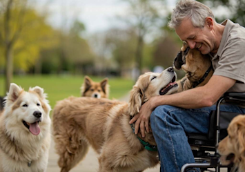 A smiling older man in a wheelchair is surrounded by affectionate dogs at a sunny park, with a Golden Retriever lovingly nuzzling his face while other friendly pups gather close.