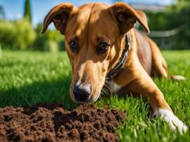 Dog digging in the grass, a behavior often associated with the signs of worms in dogs.