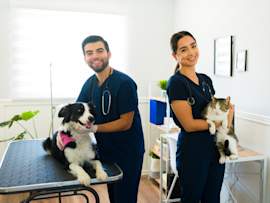 Two smiling veterinarians in navy scrubs pose with a border collie and a tabby cat in a bright, welcoming clinic. Most vet visits go smoothly — but when they don't, it's important to know your options. Veterinary malpractice occurs when a veterinarian's negligence causes harm to your pet, and understanding veterinary malpractice examples can help you recognize when something went wrong.