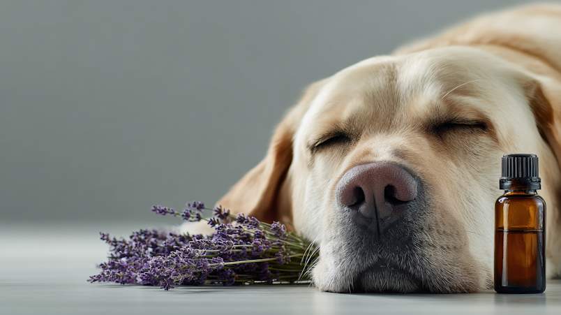 A yellow Labrador Retriever sleeps peacefully beside a sprig of fresh lavender and a bottle of essential oil.