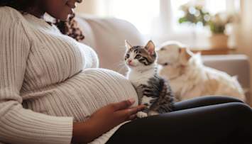 Title: Cats and Pregnancy: What Expecting Mothers Need to Know About Living with Pets
Description: A pregnant woman relaxes on the couch with an adorable tabby kitten perched beside her baby bump while a dog rests softly in the background — a warm snapshot of what life looks like for many expecting pet parents navigating pets and pregnancy.