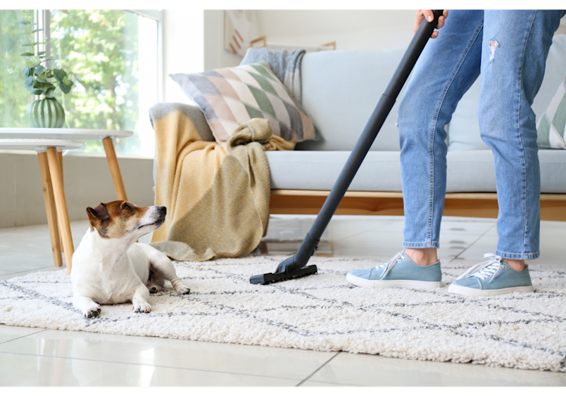 Regular vacuuming is essential for how to get rid of fleas on dogs and eliminate flea eggs on dogs from your home, as this pet owner demonstrates while their attentive companion watches the daily cleaning routine.