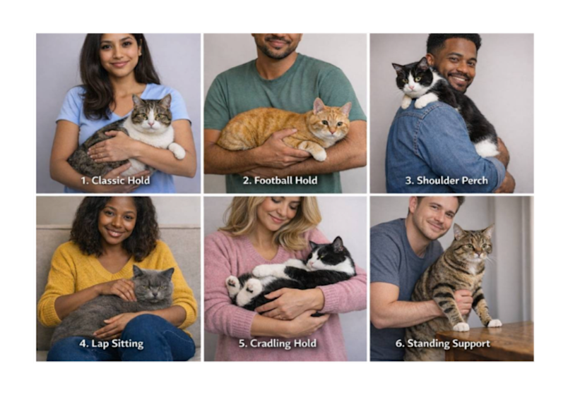 This step-by-step visual guide shows six safe, supportive ways to hold a cat being held for the first time or one that tends to squirm. Pictured are the Classic Hold, Football Hold, Shoulder Perch, Lap Sitting, Cradling Hold, and Standing Support, each offering a different level of closeness and security for cats at various comfort levels.