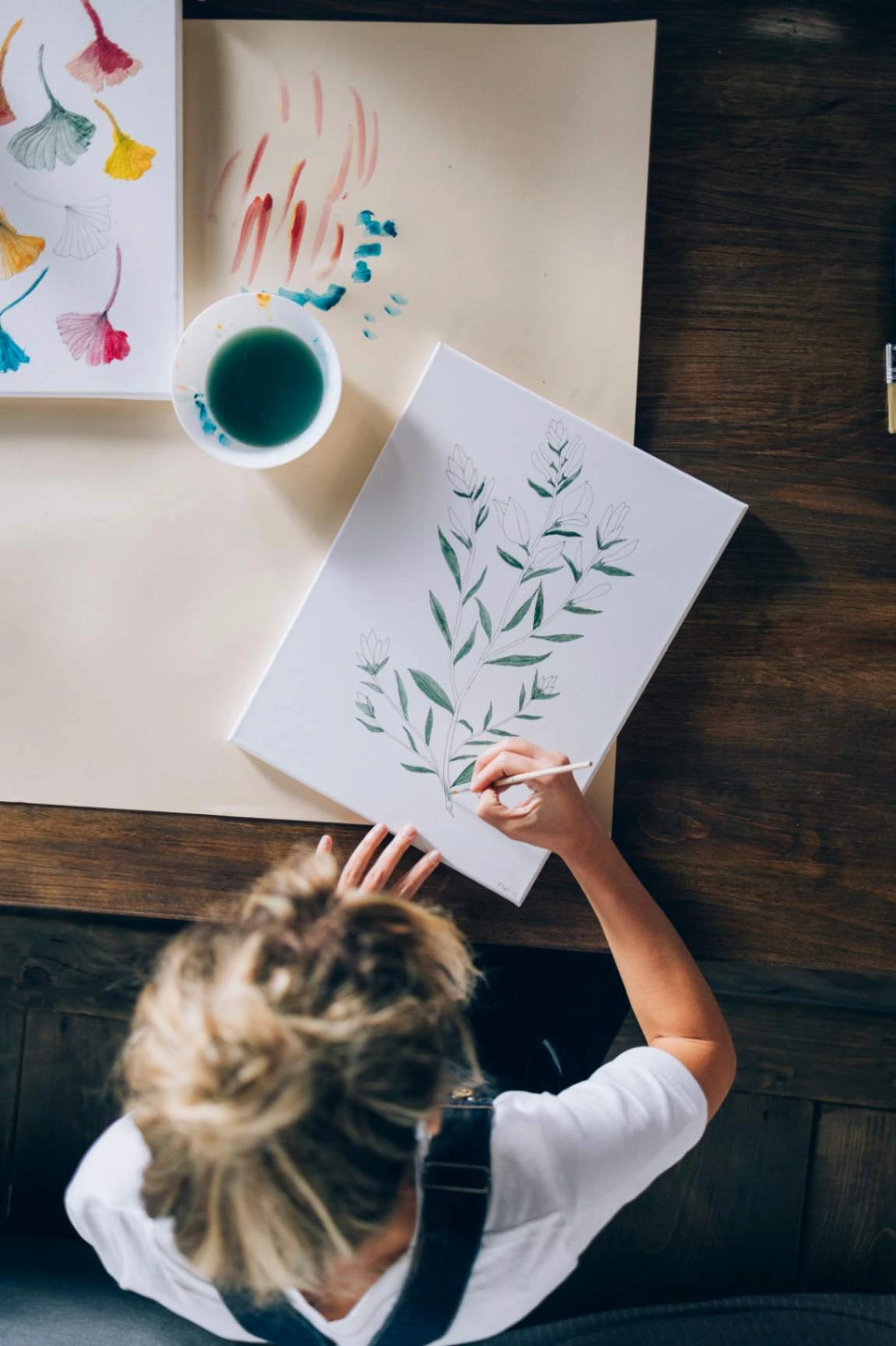 Mindful Art Therapy Activity Overhead shot of a person painting an image of a plant in an art therapy session.
