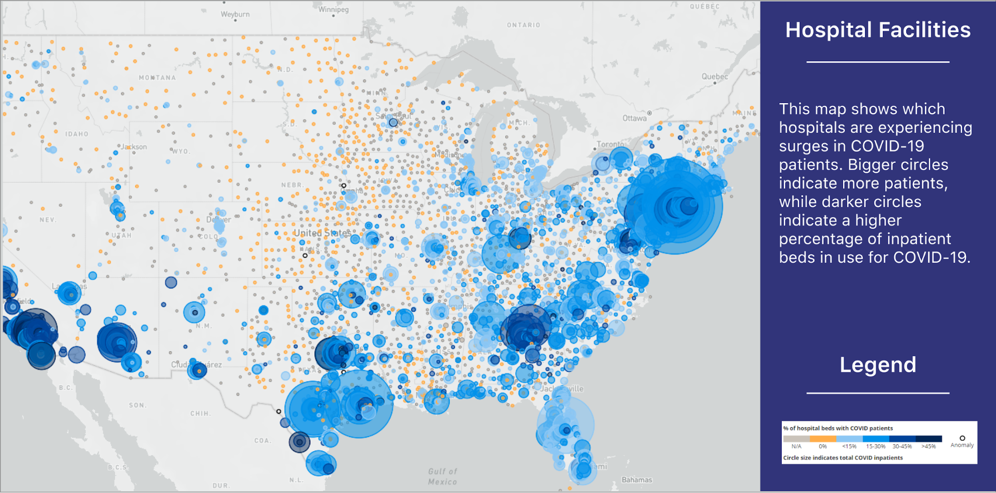 Map showing hospitals across the US as bubbles. Each bubble size corresponds to the number of COVID-19 patients in that hospital this week. The biggest bubbles are in and around New York City.