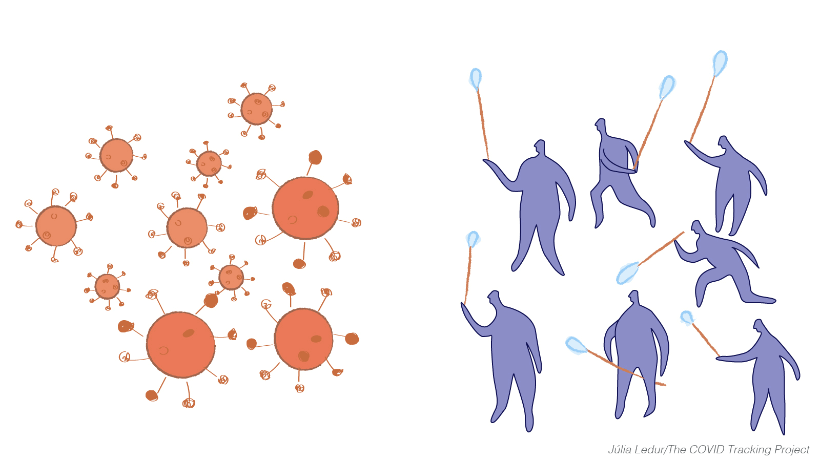 An animated battle between drawings of people bearing testing swabs and drawings of the SARS-CoV-2 virus