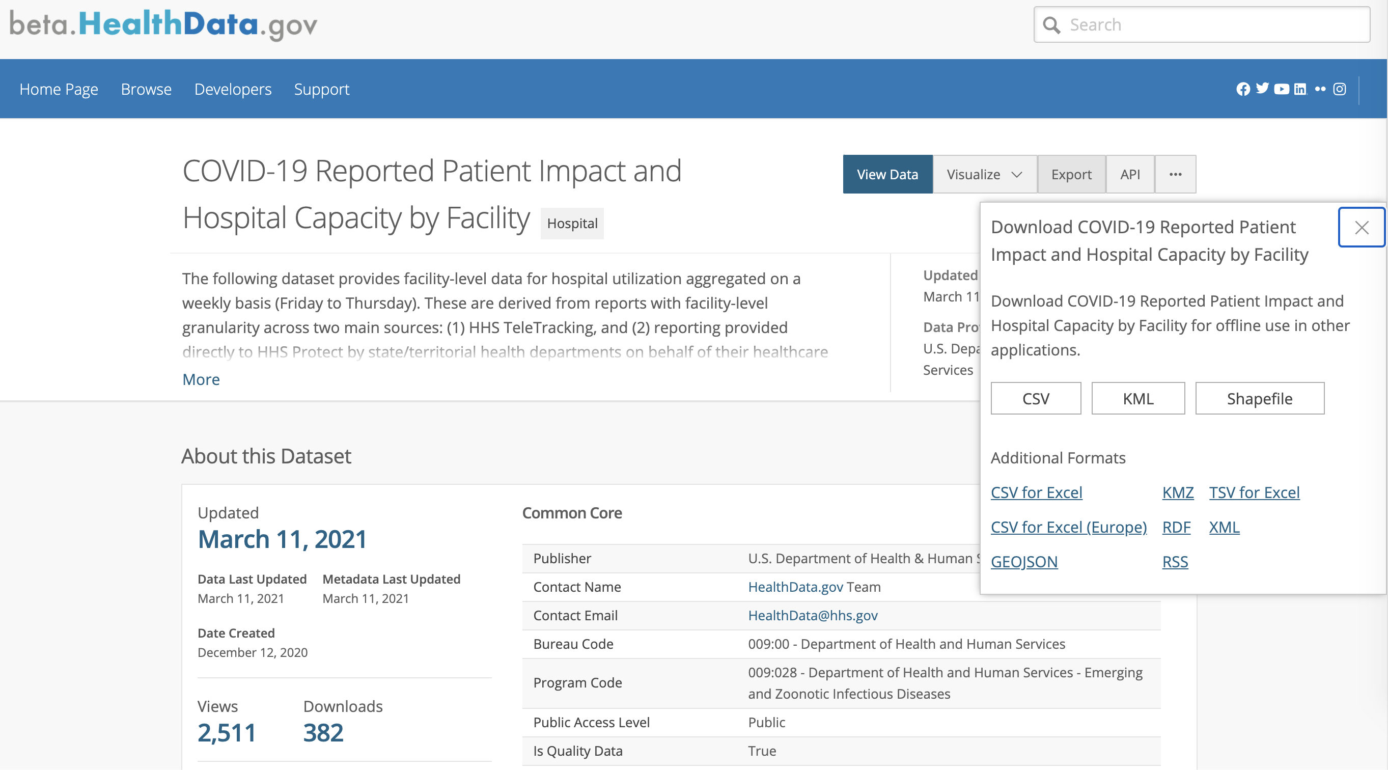 Screenshot of the HHS facility-level hospitalization dataset hosting page at https://beta.healthdata.gov/Hospital/COVID-19-Reported-Patient-Impact-and-Hospital-Capa/anag-cw7u