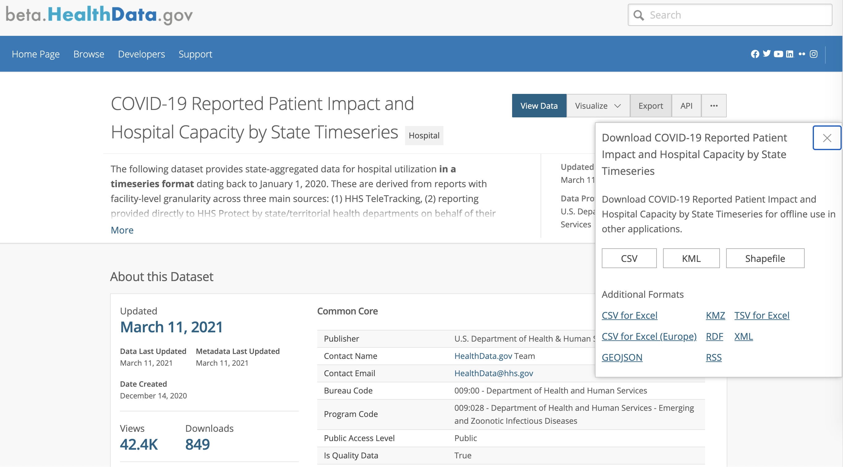 Screenshot of HHS state-level hospitalization timeseries dataset hosted at https://beta.healthdata.gov/Hospital/COVID-19-Reported-Patient-Impact-and-Hospital-Capa/g62h-syeh