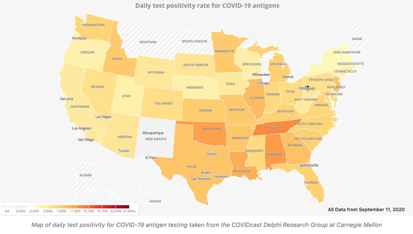 A chart that shows daily test positivity for COVID-19 antigen testing, for each US state. Data is from the COVIDcast Delphi Research Group at Carnegie Mellon, with all data from September 11, 2020.