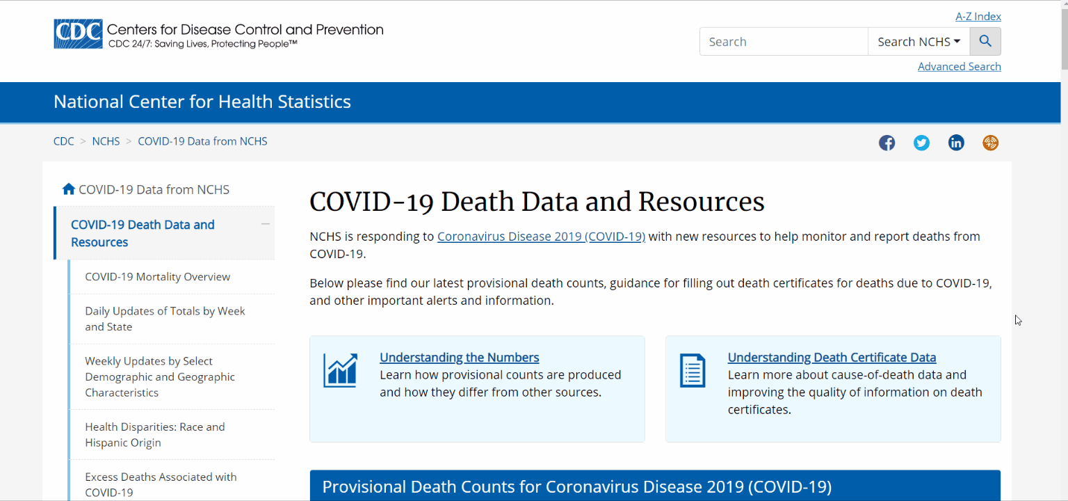 A GIF shows how to download NCHS provisional death data. On the index page for the dataset, clicking the link "Provisional COVID-19 Death Counts By Week Ending Date and State" leads to a page from which the data can be exported.