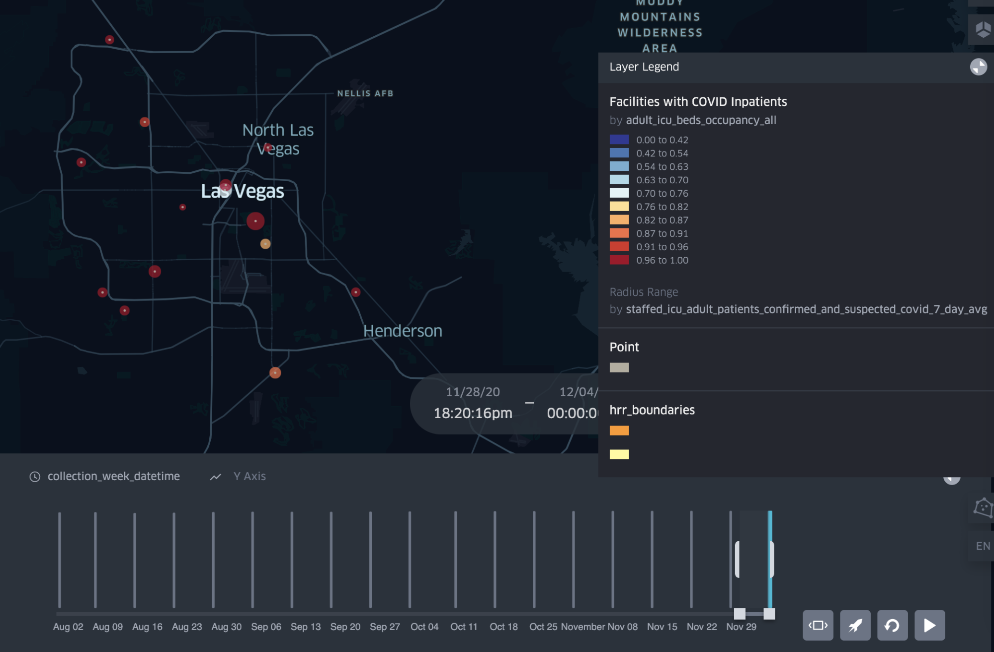 Map showing hospitals in Las Vegas by number of COVID-19 patients. Many facilities have high COVID occupancy this week.