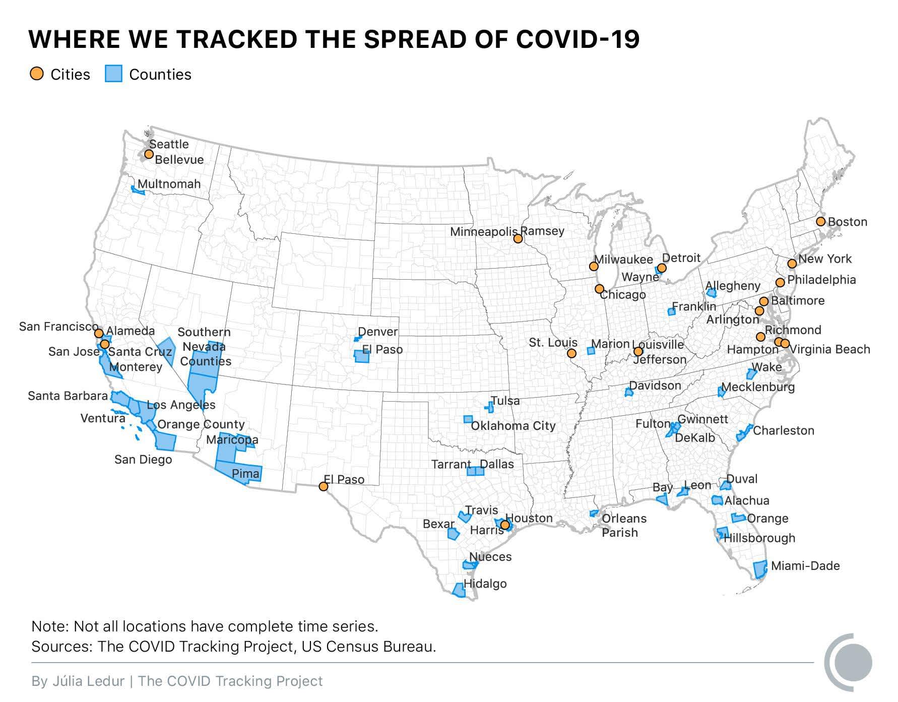 A map of the country that highlights the 65 cities and counties The COVID Tracking Project has collected data for with the new City Dataset.
