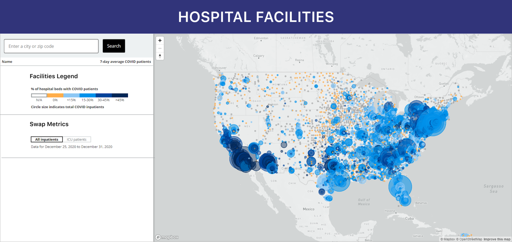 Interactive map of hospitals across the US, showing each facility's COVID-19 patient load and remaining bed capacity.