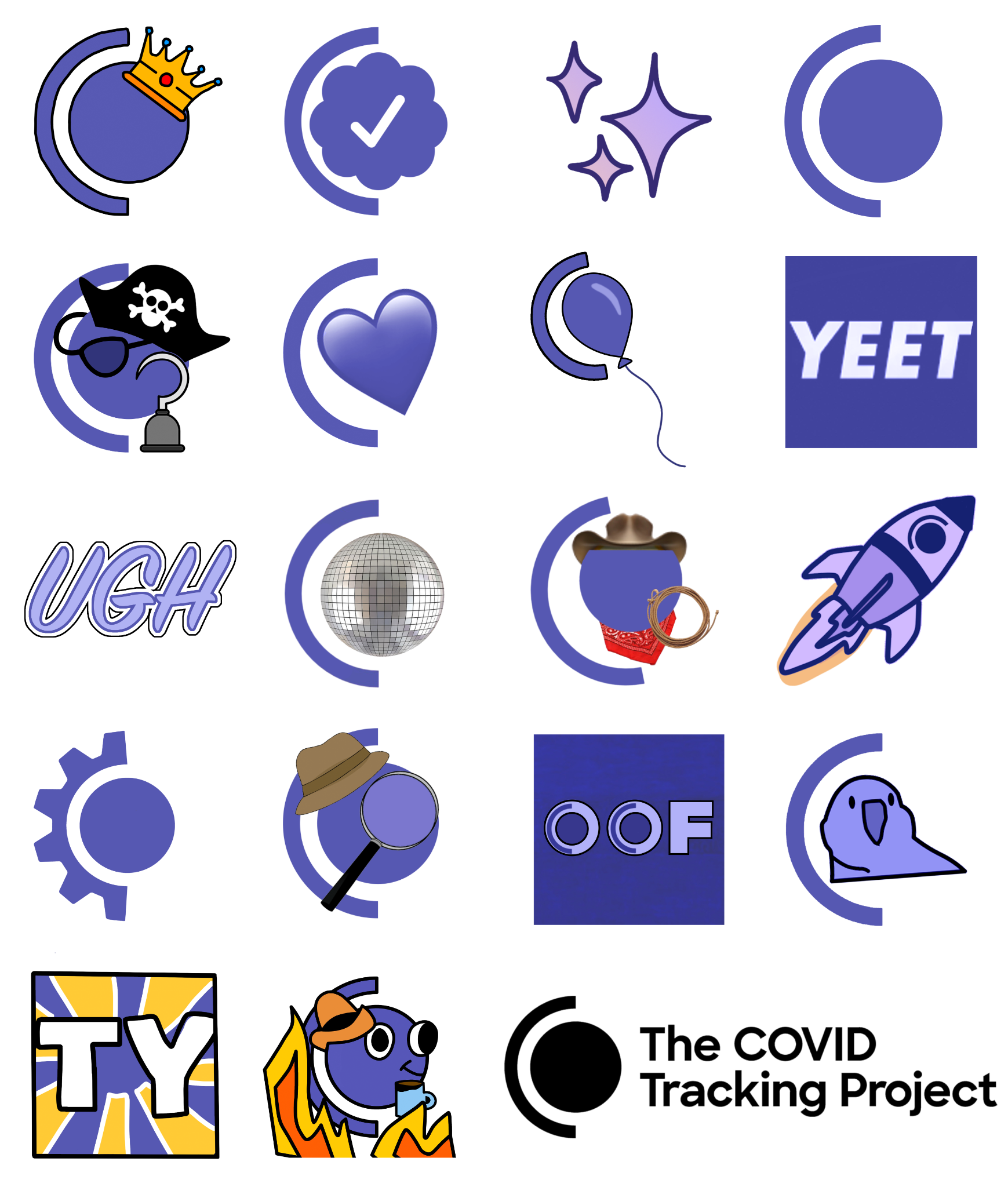 A panel showing 19 images based on the COVID Tracking Project Logo, a purple semi-circle or C enclosing a solid purple circle. Samples include a logo with a crown, a logo with a cowboy hat, a logo with a pirate eyepatch and hook, and a logo with the central circle replaced by a heart.