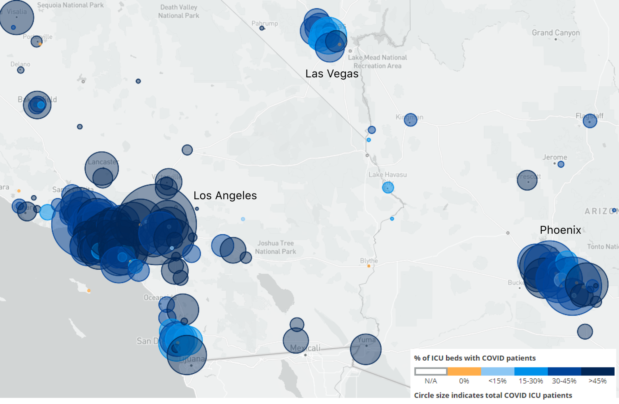 US map zoomed in to show California, Nevada, and Arizona. Major cities along this band, including Los Angeles, Las Vegas, and Phoenix, have hospitals where COVID-19 patients are occupying over 45% of available ICU beds.