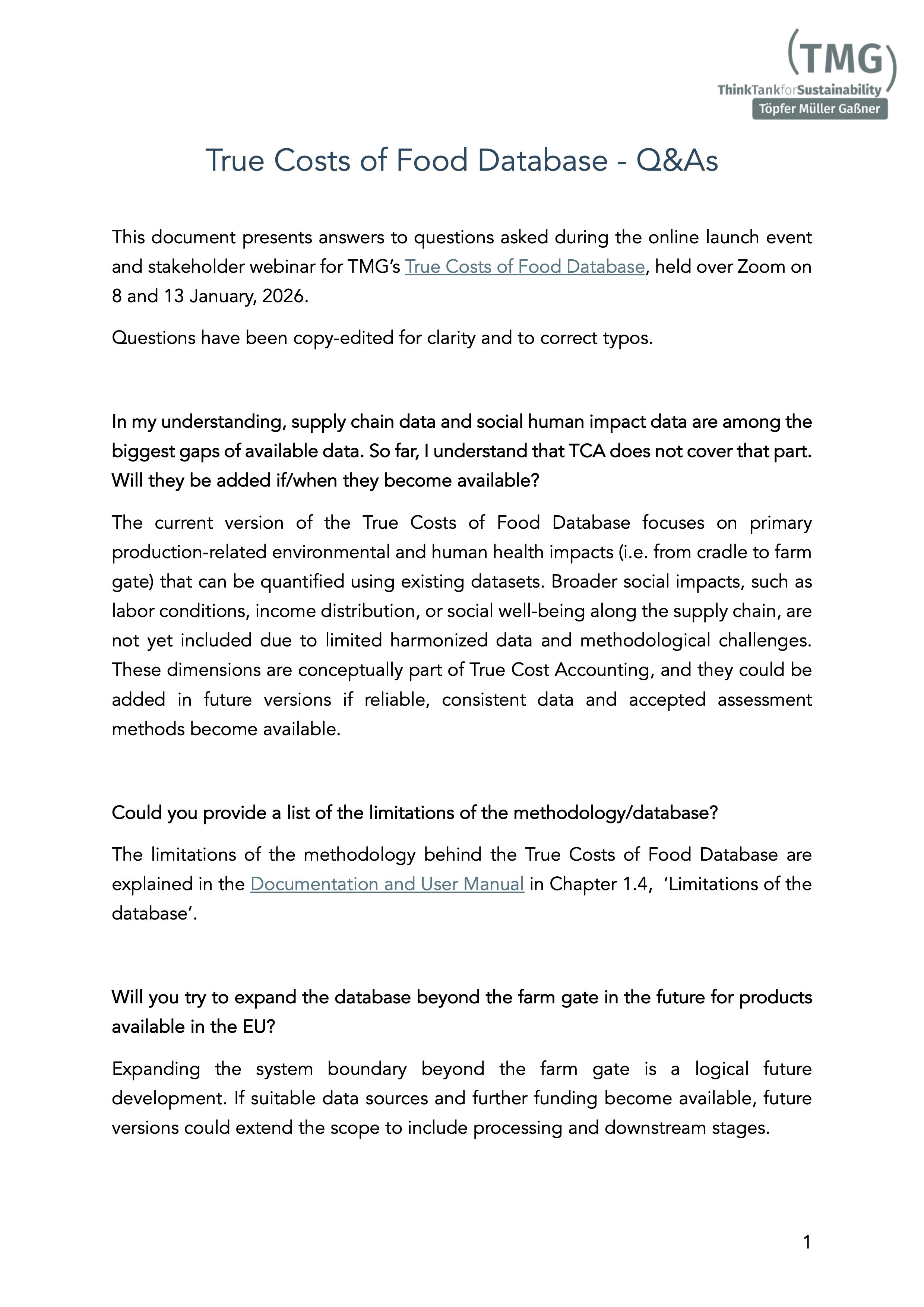 True Costs of Food Database - Q&A