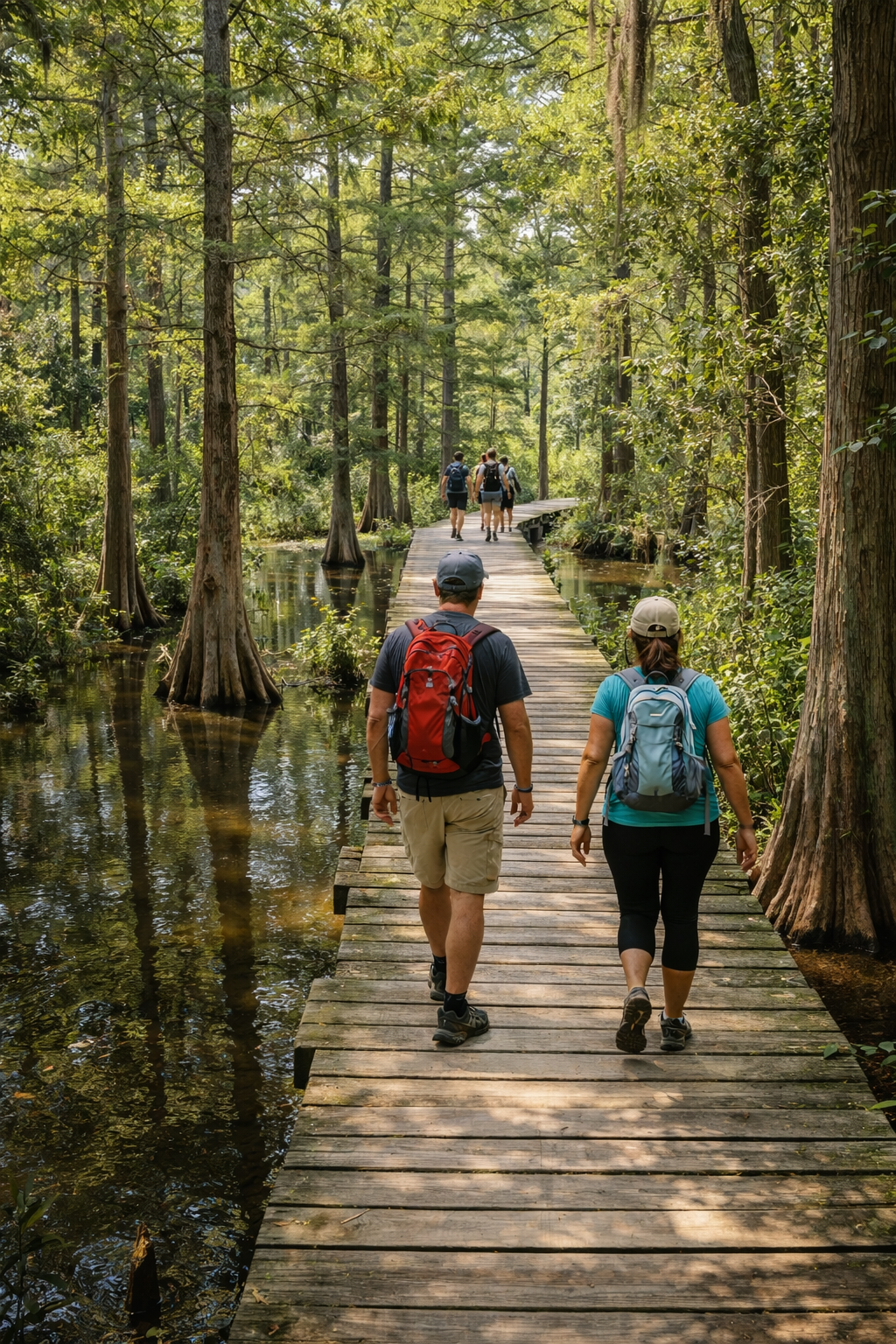 Hikers on boardwalk trail