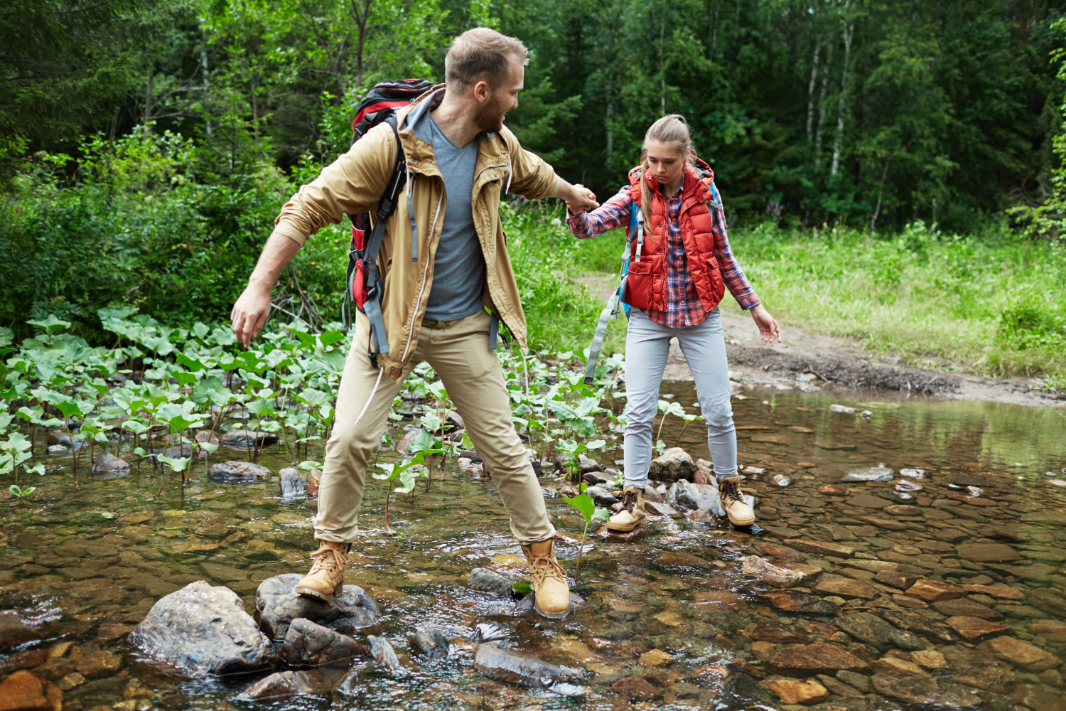hikers on lake trail