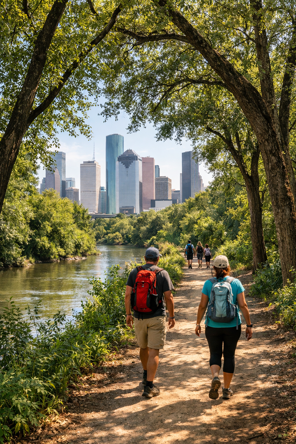 hikers on tree-lined trail along Buffalo Bayou