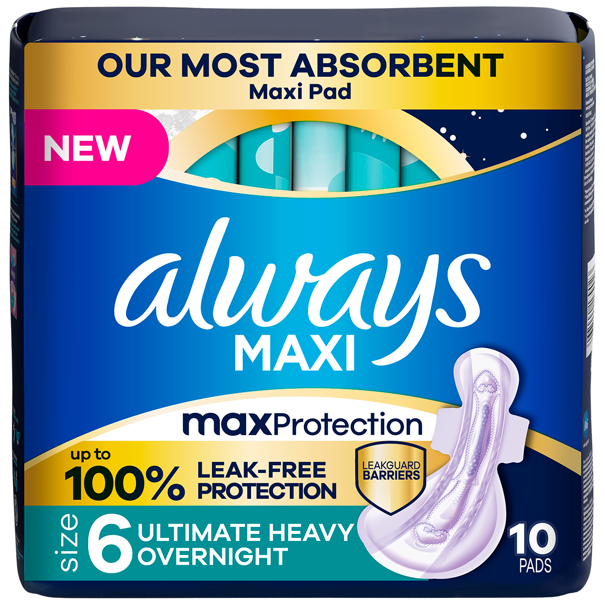 Always Maxi Size 6 Ultimate Heavy Overnight Absorbency Pads with Wings, Unscented