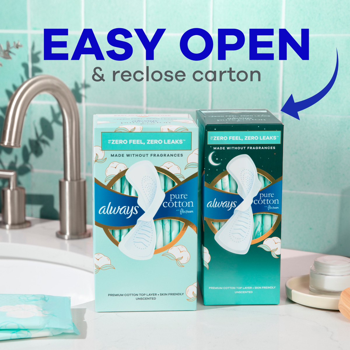 Two Always Pure Cotton pad cartons placed on a bathroom counter near a sink with teal tile background, highlighting "Easy Open & reclose carton" text in bold blue and gray with an arrow pointing to the cartons.