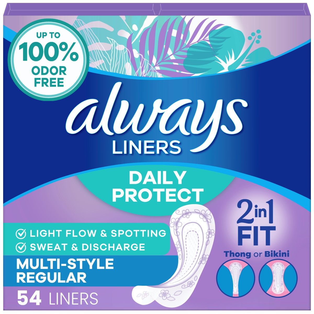 Always Daily Protect Multi-Style Panty Liners, Unscented, 54ct