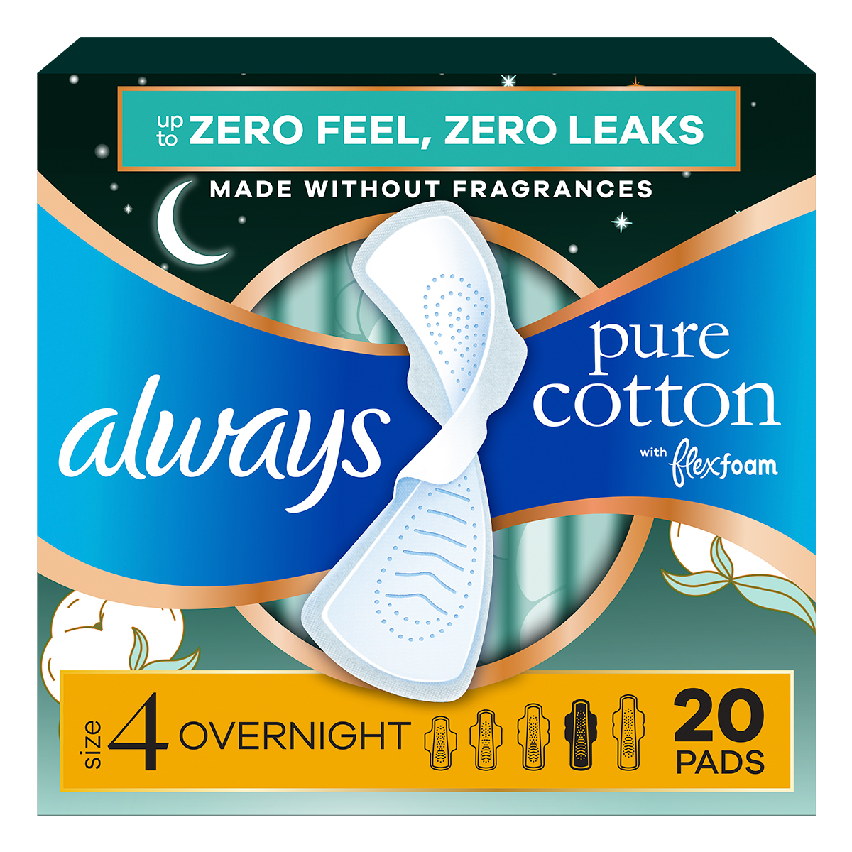 Always Pure Cotton pads in a teal box, offering 12 hours of protection, unscented, and designed for overnight use.