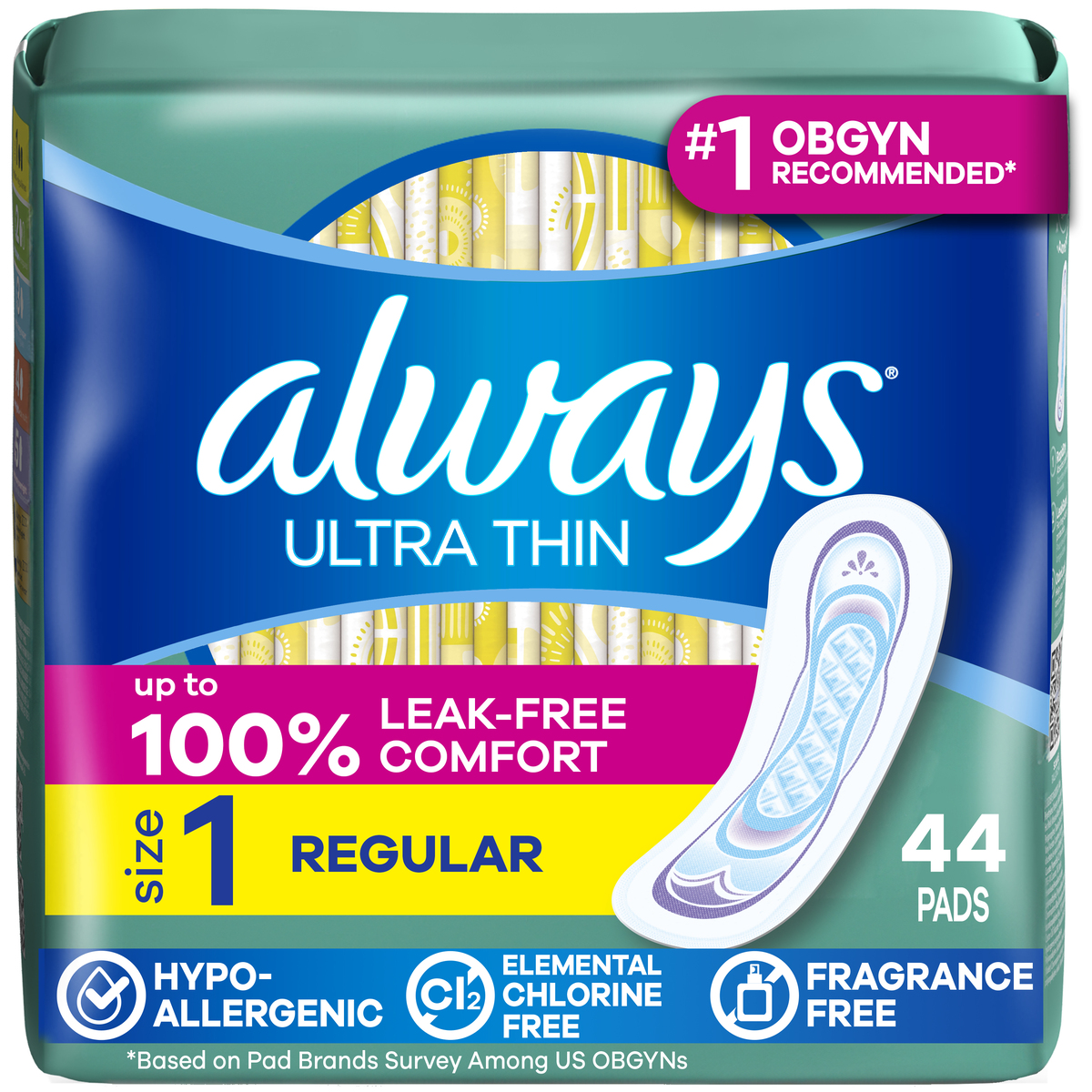Always Ultra Thin Size 1 Regular Pads Without Wings, Unscented