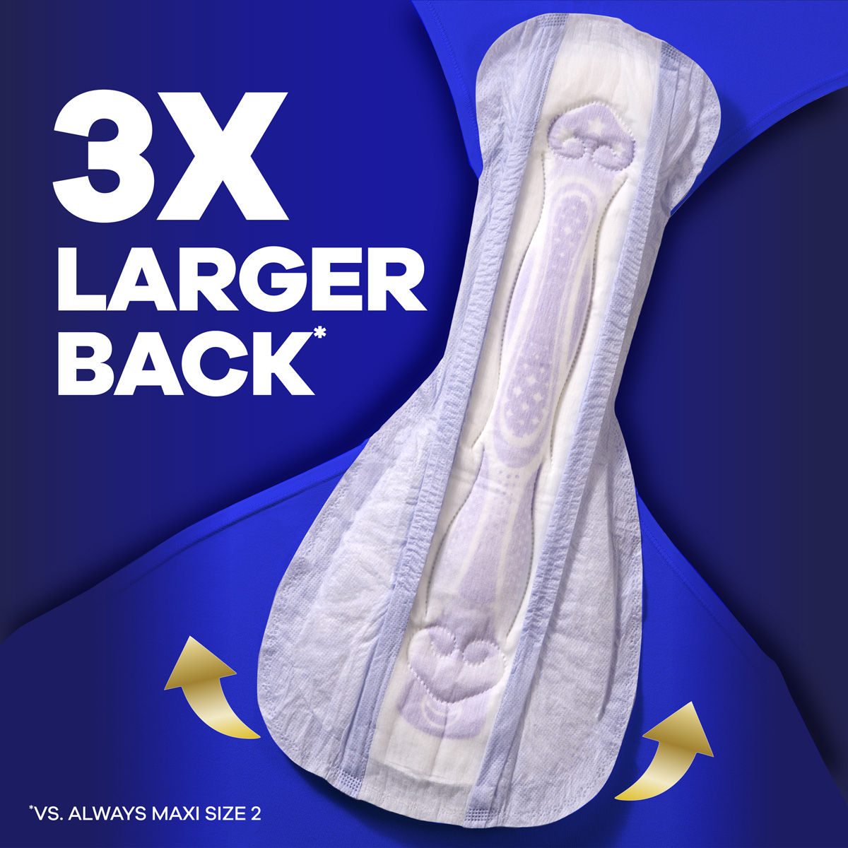 Always Maxi size 6 has a 3X larger back versus Always Maxi size 2. Features Maxi size 6 pad attached to blue underwear.