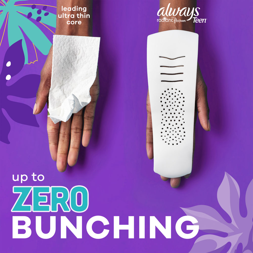 Comparison showing menstrual pad designed for up to zero bunching