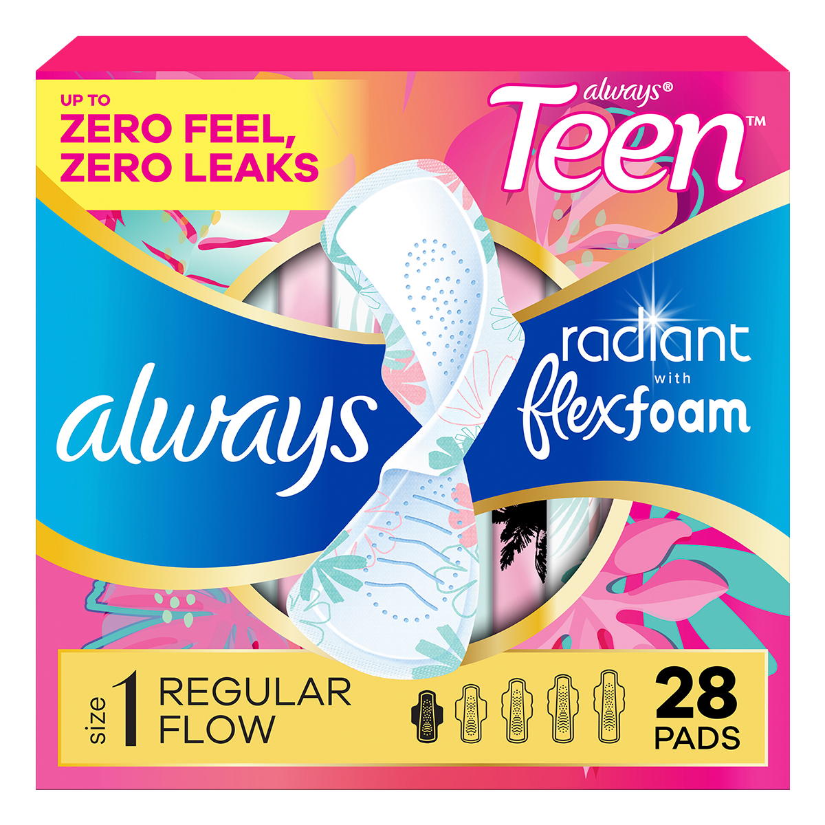 Packaging of Always Radiant Teen pads, featuring floral design and details on leak protection and comfort